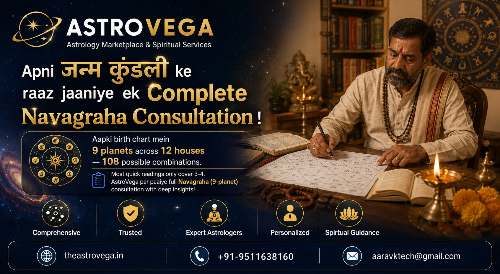 Bold stat hook: your birth chart has 9 planets placed across 12 houses (108 possible combinations) — most quick readings only cover 3-4 of them; AstroVega lets you book a full Navagraha (9-planet) consultation
