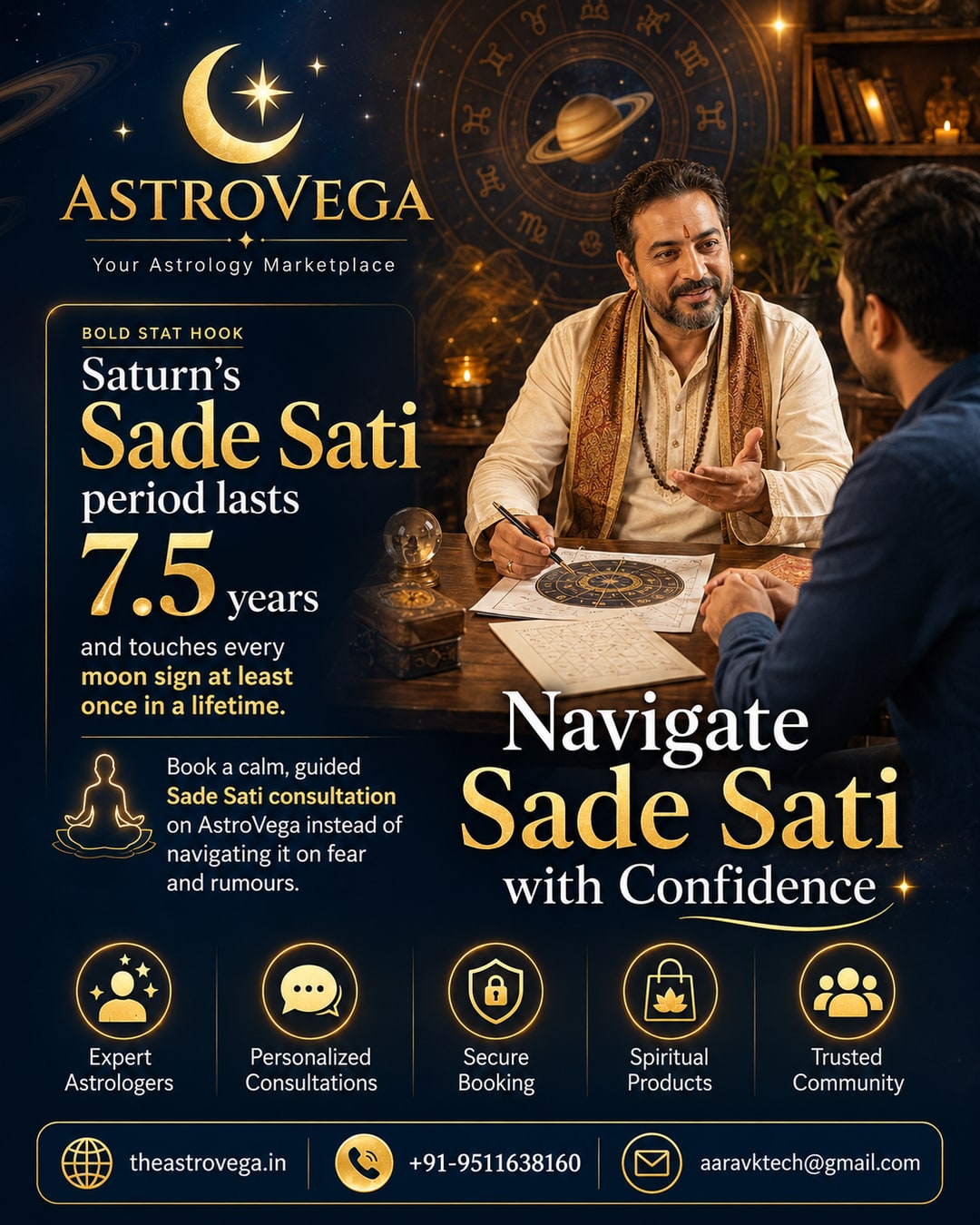 Bold stat hook: Saturn's Sade Sati period lasts 7.5 years and touches every moon sign at least once in a lifetime — book a calm, guided Sade Sati consultation on AstroVega instead of navigating it on fear and rumours