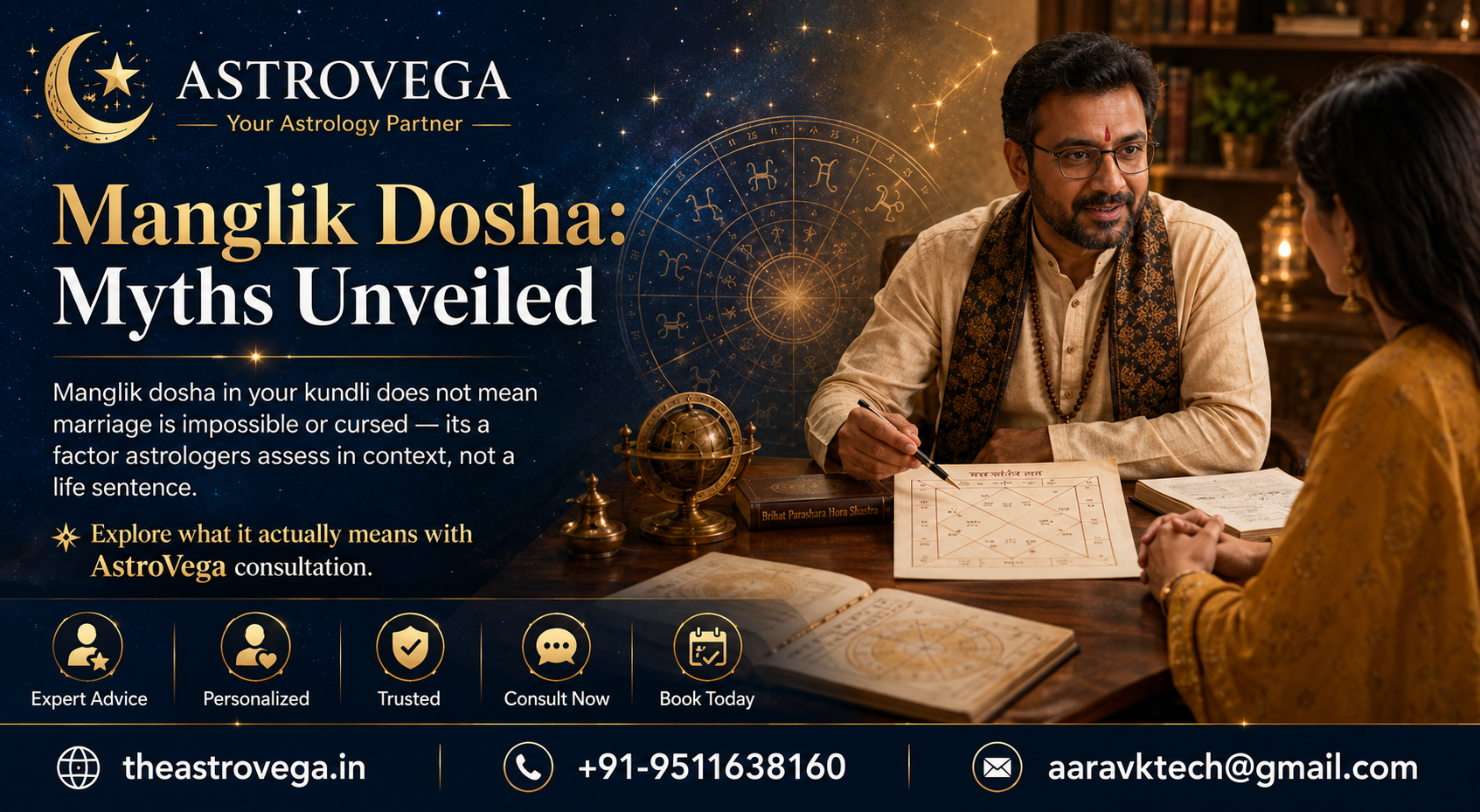 Myth-busting: Manglik dosha in your kundli does not mean marriage is impossible or cursed — its a factor astrologers assess in context, not a life sentence, explore what it actually means with an AstroVega consultation