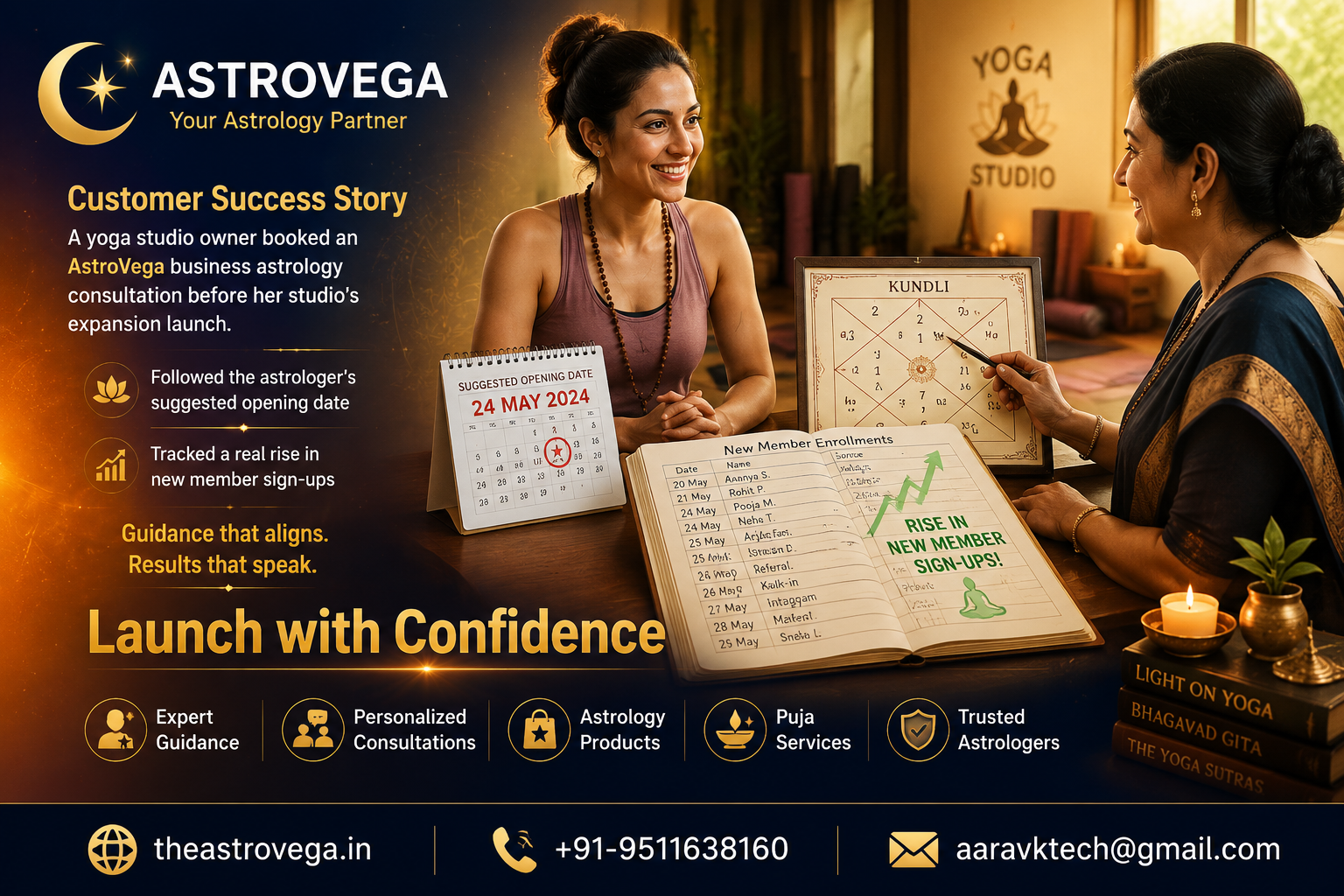 Customer success story: a yoga studio owner booked an AstroVega business astrology consultation before her studio's expansion launch, followed the astrologer's suggested opening date, and tracked a real rise in new member sign-ups in her own enrollment re