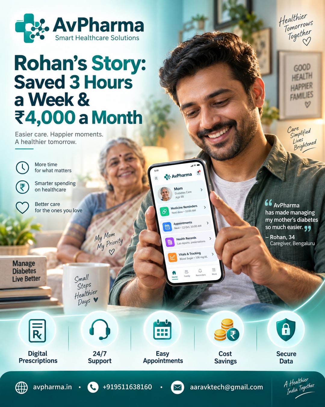 Rohan's Story: How One Caregiver Saved 3 Hours a Week and ₹4,000 a Month Managing His Mother's Diabetes Care on AvPharma