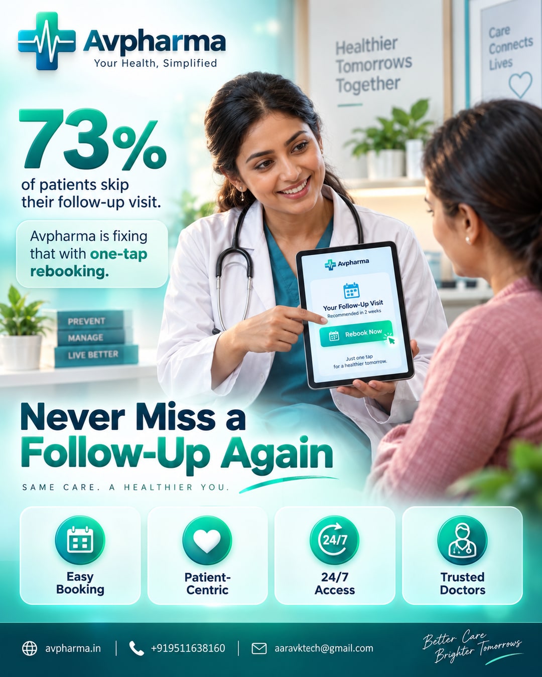 73% of patients skip their follow-up visit: the dropout stat avpharma is fixing with one-tap rebooking