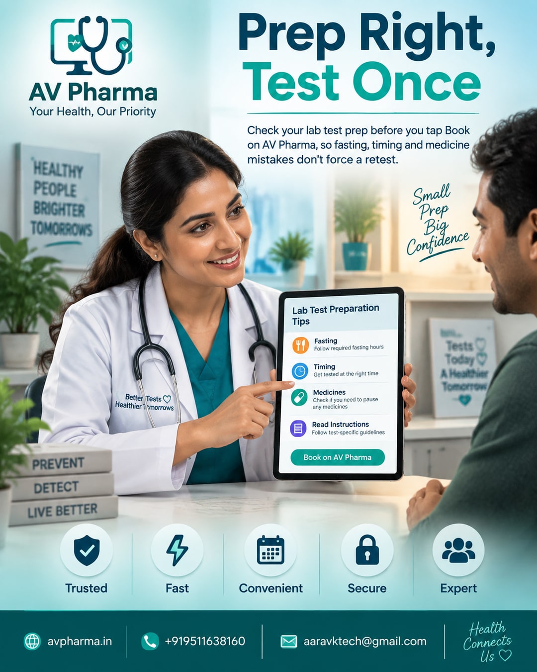 AV Pharma lab test booking screen showing a pre-test preparation checklist and early morning slot selection