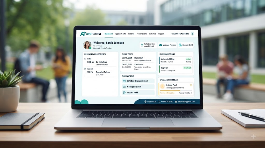 the collegiate campus health hub: managing student health records, campus clinic visits, and off-campus specialist referrals with avpharma