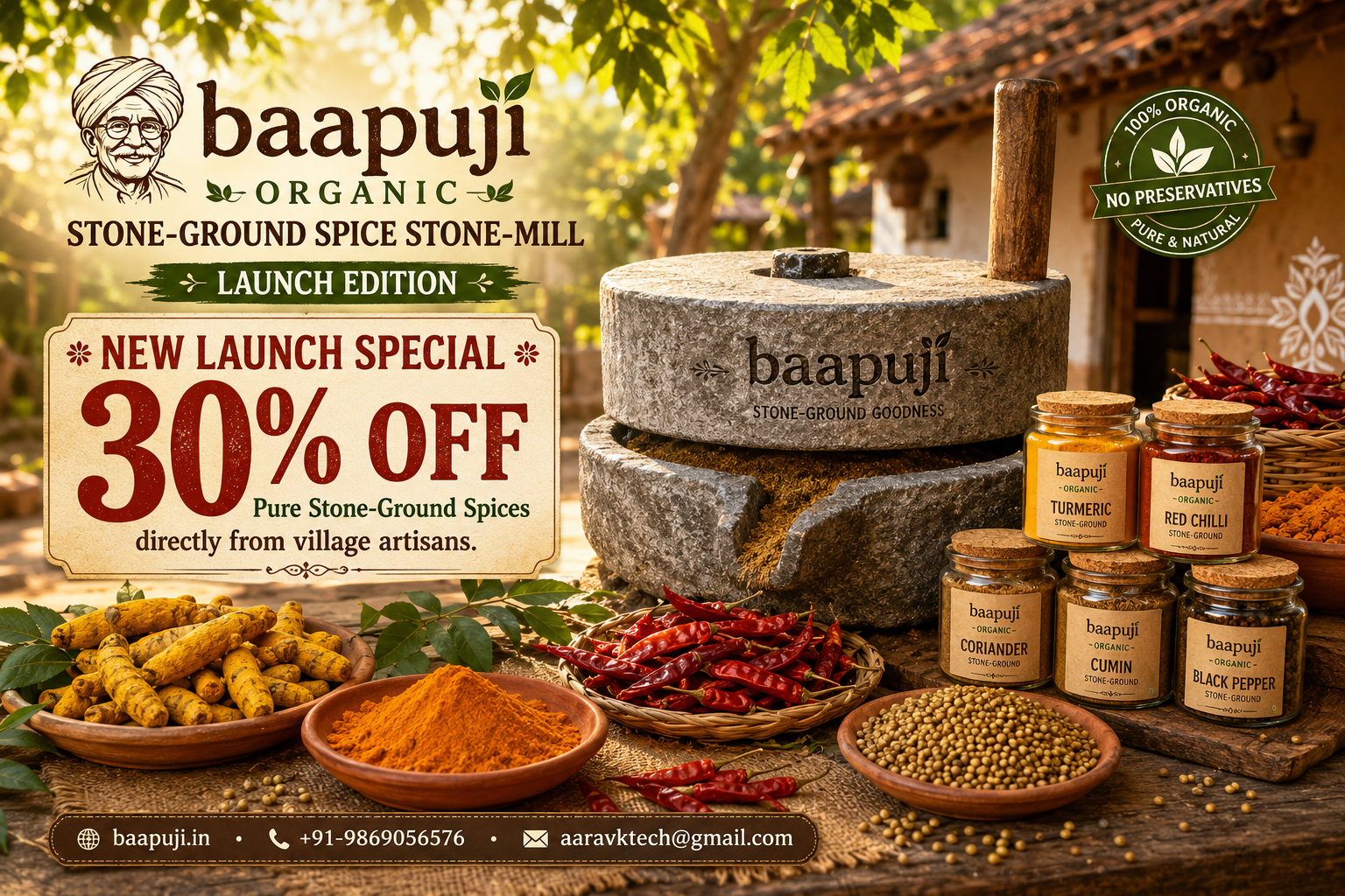 baapuji organic stone-ground spice stone-mill launch edition