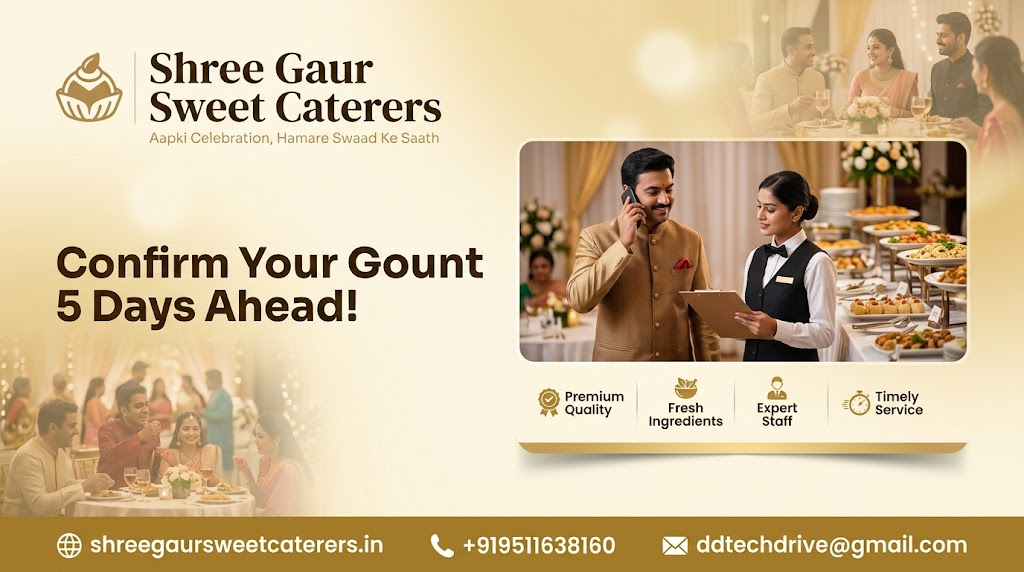 Shree Gaur Sweet Caterers website comparing old paper token system with organized buffet serving flow