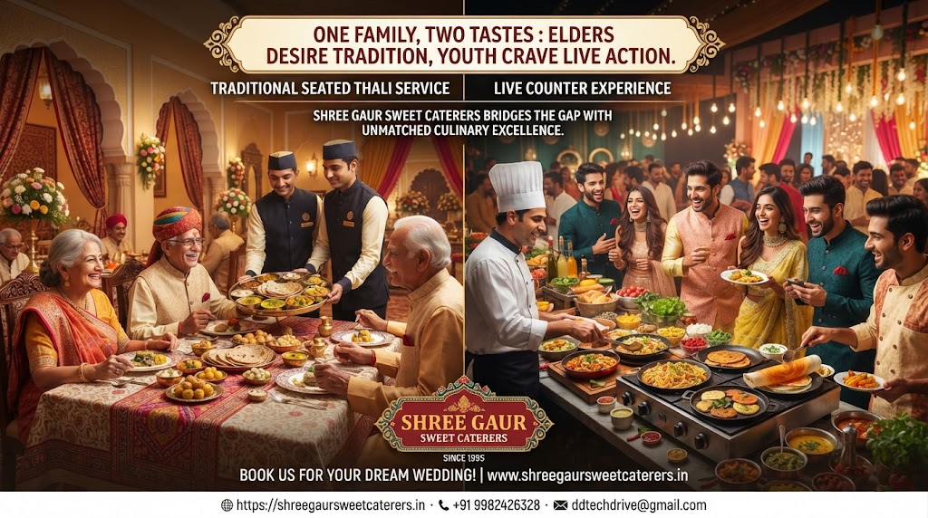 Catering staff discreetly serving wedding guests during pheras ceremony in Jaipur