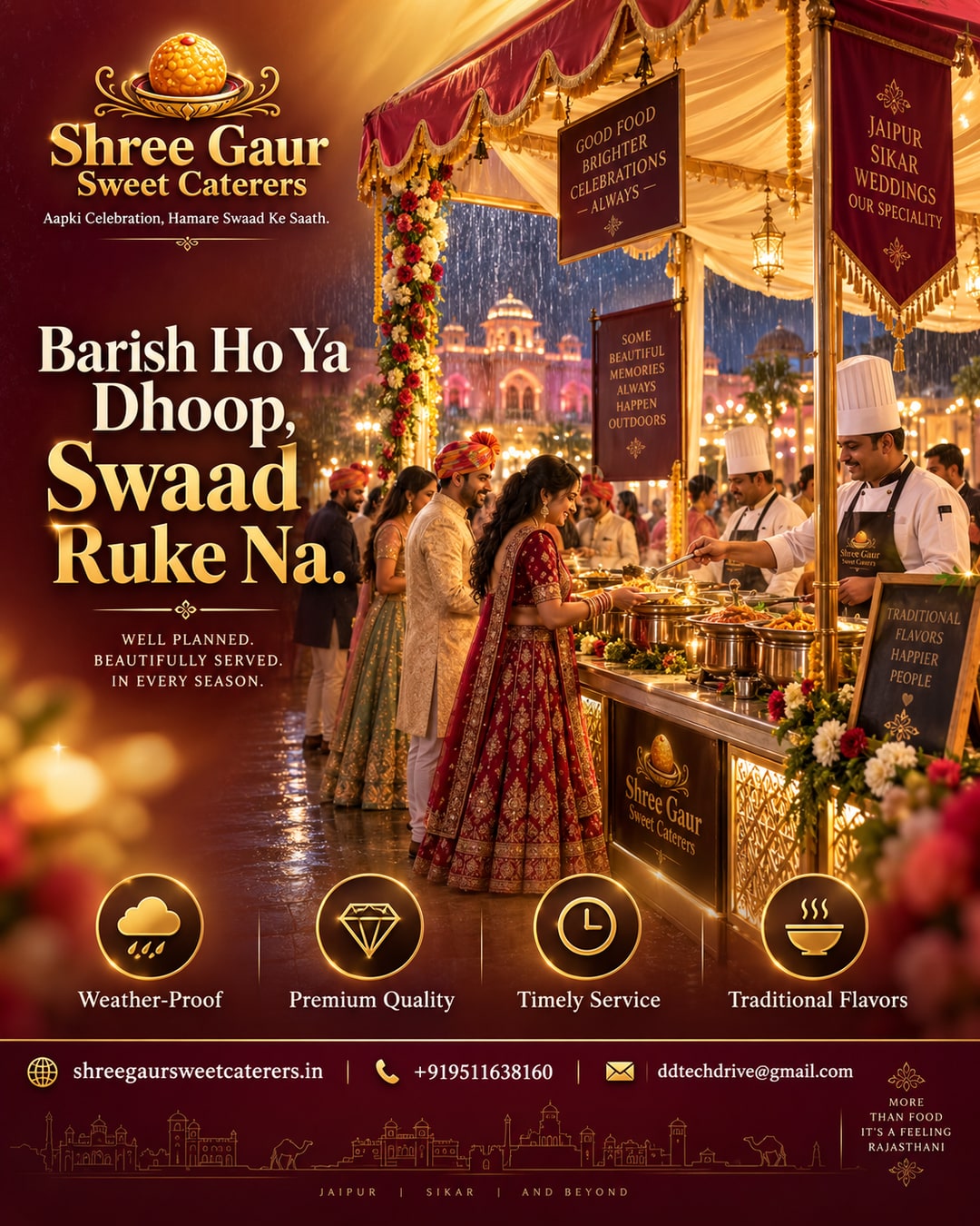 Covered wedding buffet counter serving guests during light rain at an outdoor Jaipur Sikar function