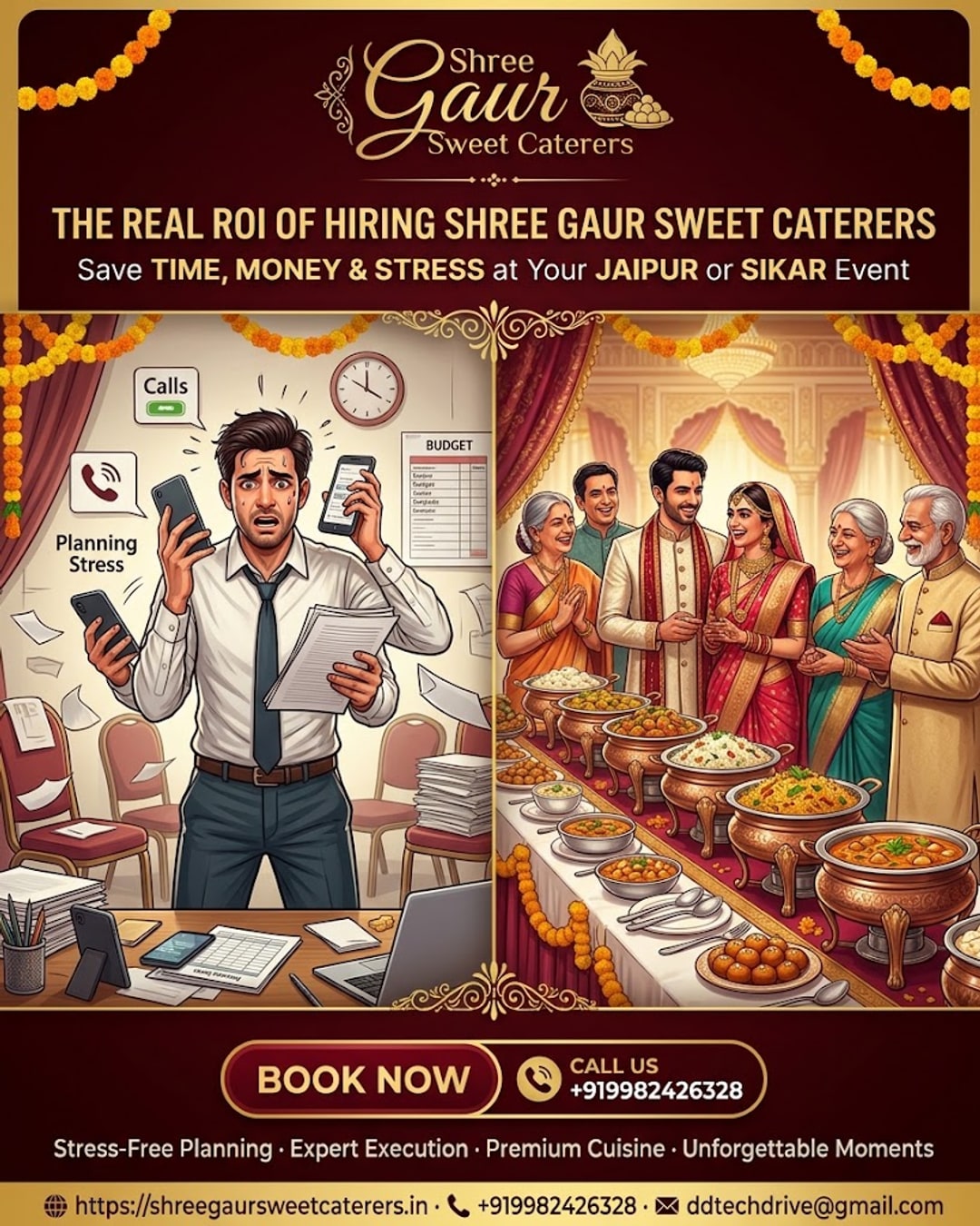Shree Gaur Sweet Caterers staff resetting a wedding buffet counter for a back to back Jaipur Sikar event