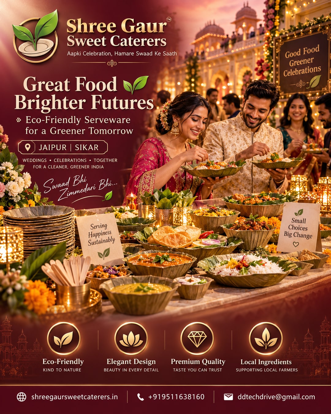 Elegant biodegradable serveware buffet setup at a Jaipur wedding by Shree Gaur Sweet Caterers