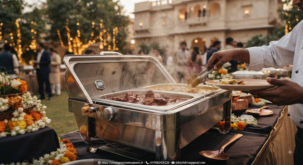 Professional chafing dish buffet setup with piping-hot Rajasthani catering food at a Jaipur wedding venue