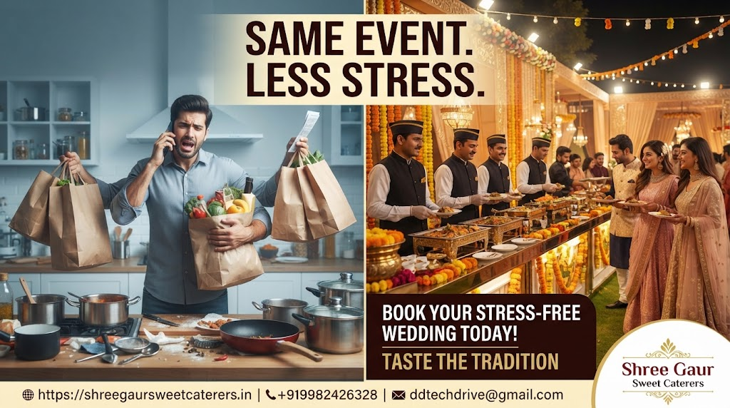 Comparison banner showing stressed DIY host versus relaxed guests at Shree Gaur Sweet Caterers buffet in Jaipur