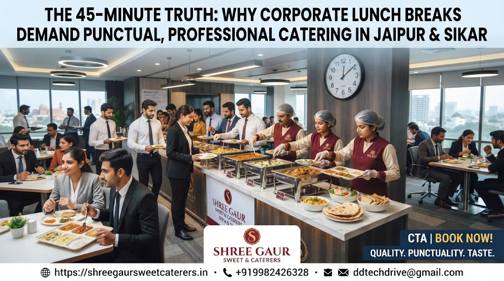Corporate office catering buffet setup with professionals being served during lunch break in Jaipur