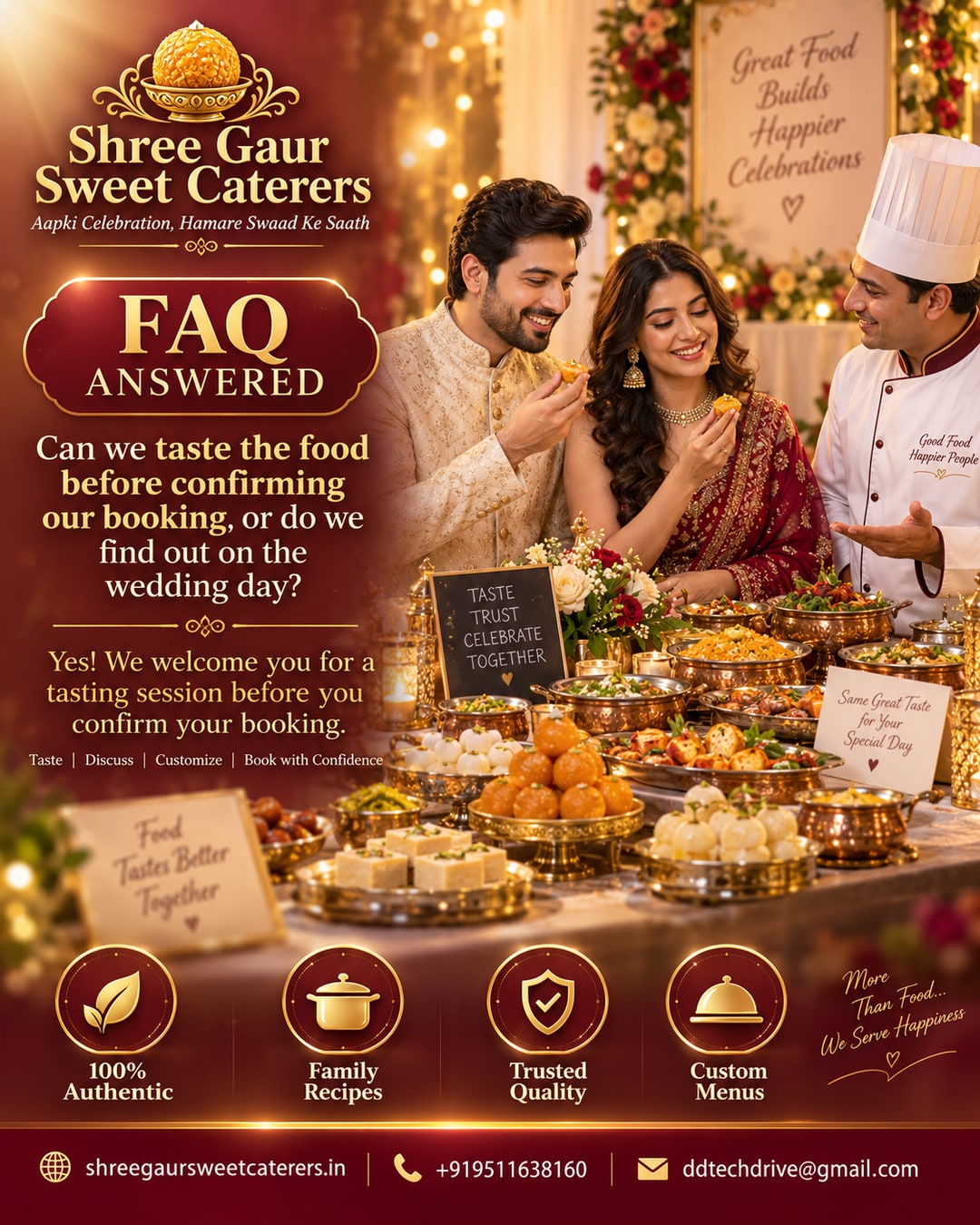 WhatsApp chat mockup showing tasting appointment confirmation with Shree Gaur Sweet Caterers