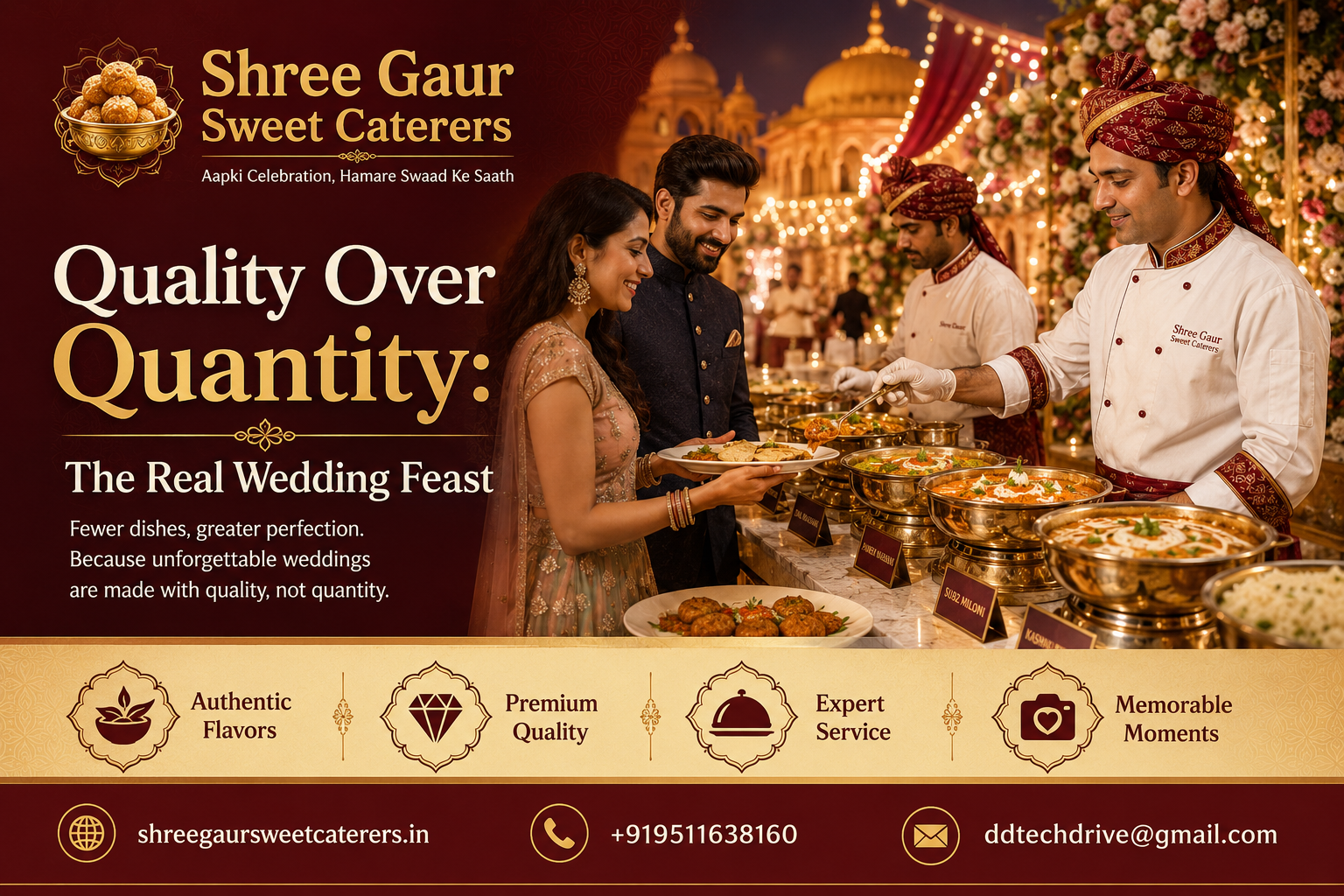 Elegant curated wedding buffet showing quality over quantity catering by Shree Gaur Sweet Caterers