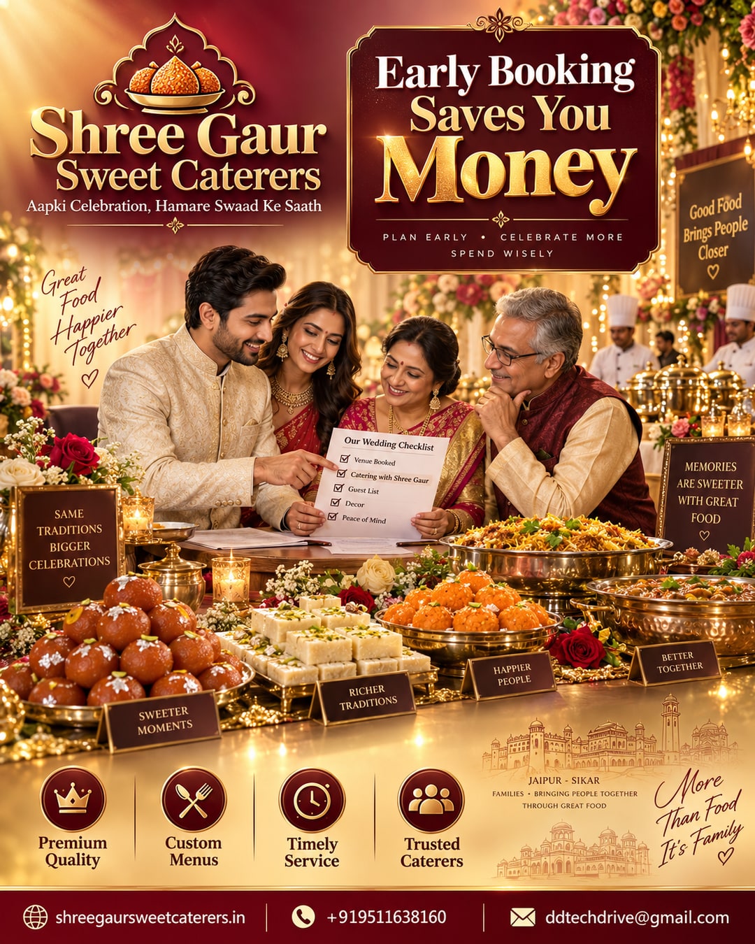 Indian family planning early wedding catering booking with Shree Gaur Sweet Caterers buffet in background