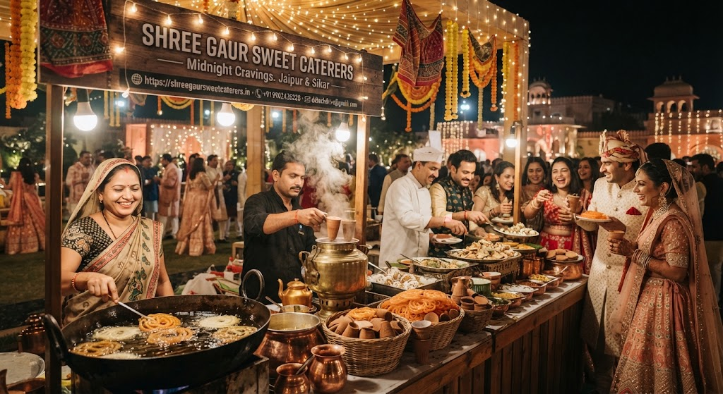 Late night food counter with hot tea and sweets at a wedding in Jaipur and Sikar