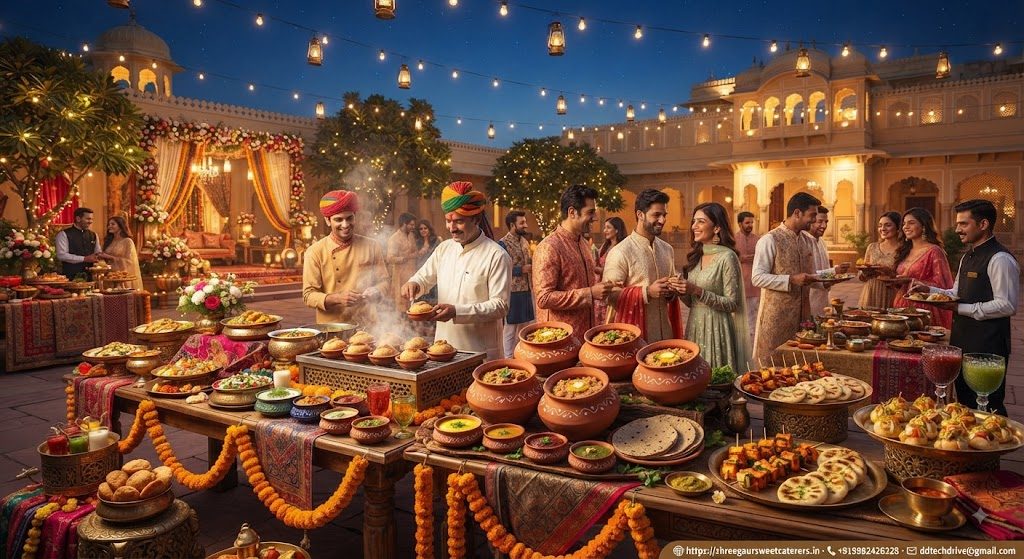 Grand destination sangeet buffet setup with traditional Rajasthani food and live counters in Jaipur and Sikar