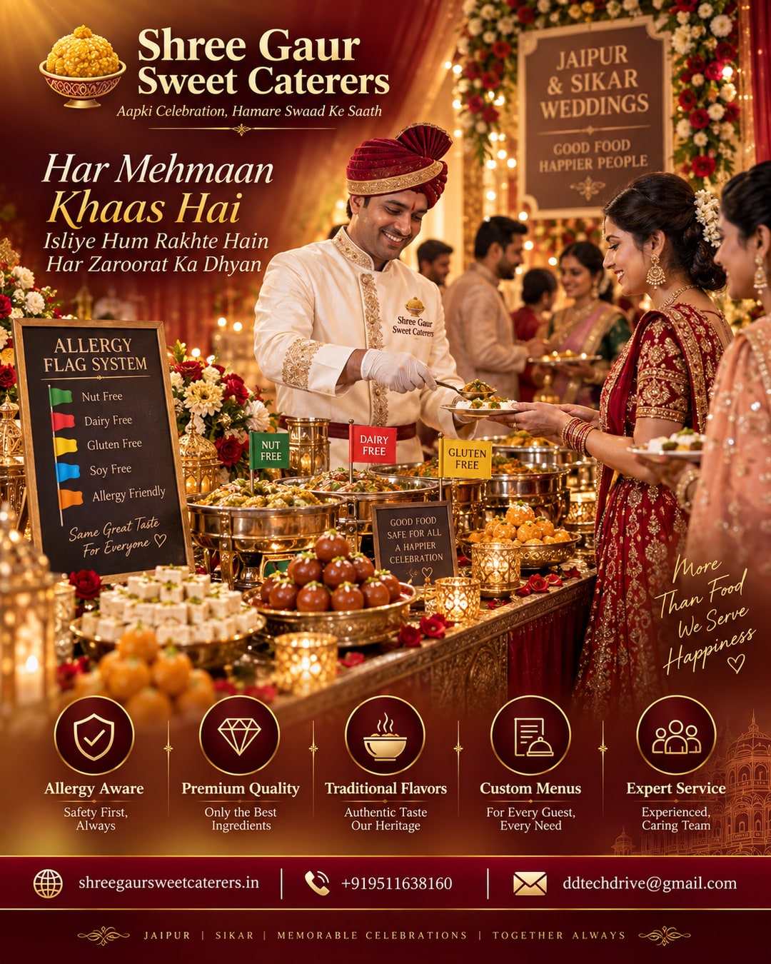 Shree Gaur Sweet Caterers website booking form showing dietary allergy notes field for Jaipur Sikar wedding catering