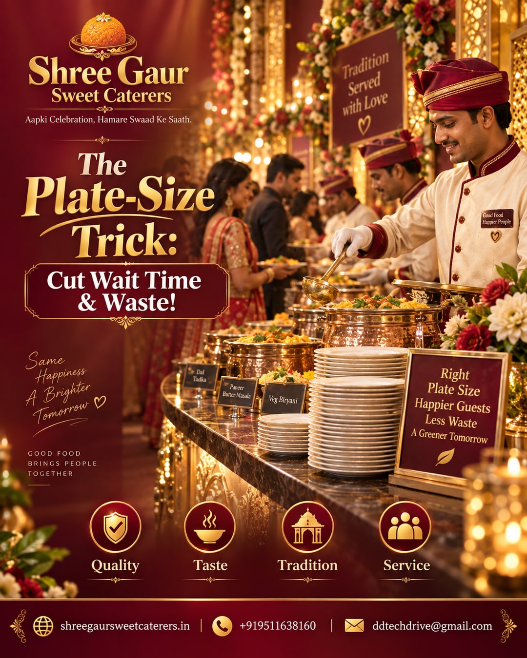 Buffet counter at a Jaipur wedding with neatly arranged plates and catering staff serving guests