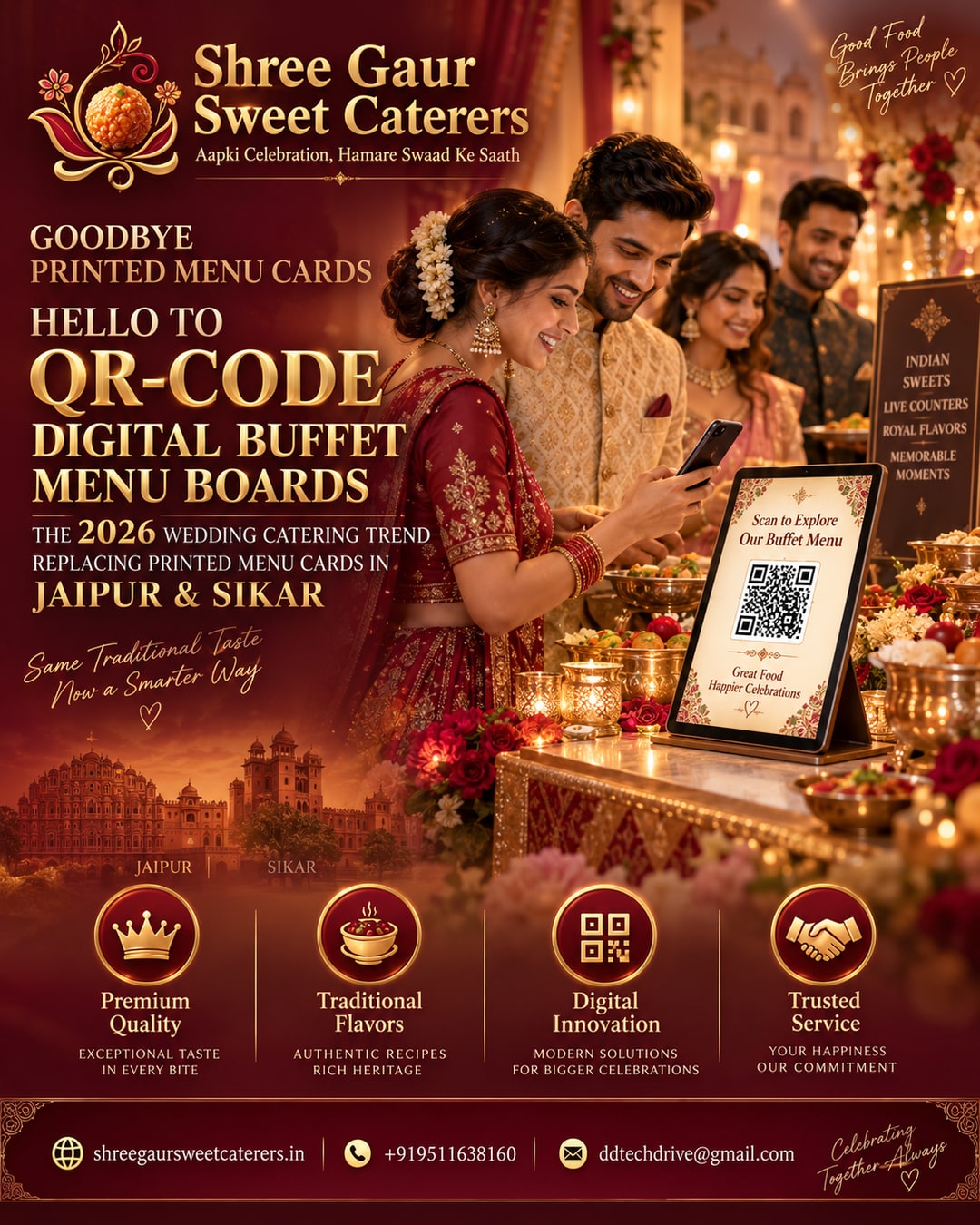 Digital QR code menu board displayed on tablet at Shree Gaur Sweet Caterers wedding buffet counter