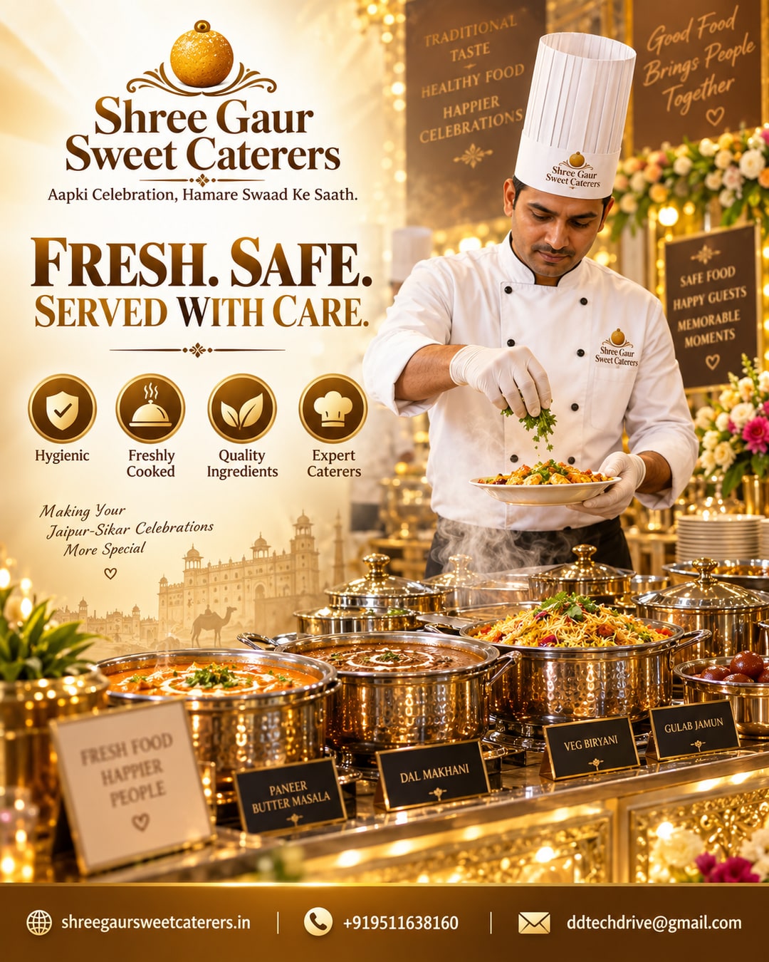 Chef hygienically preparing fresh wedding buffet food at Shree Gaur Sweet Caterers counter in Jaipur
