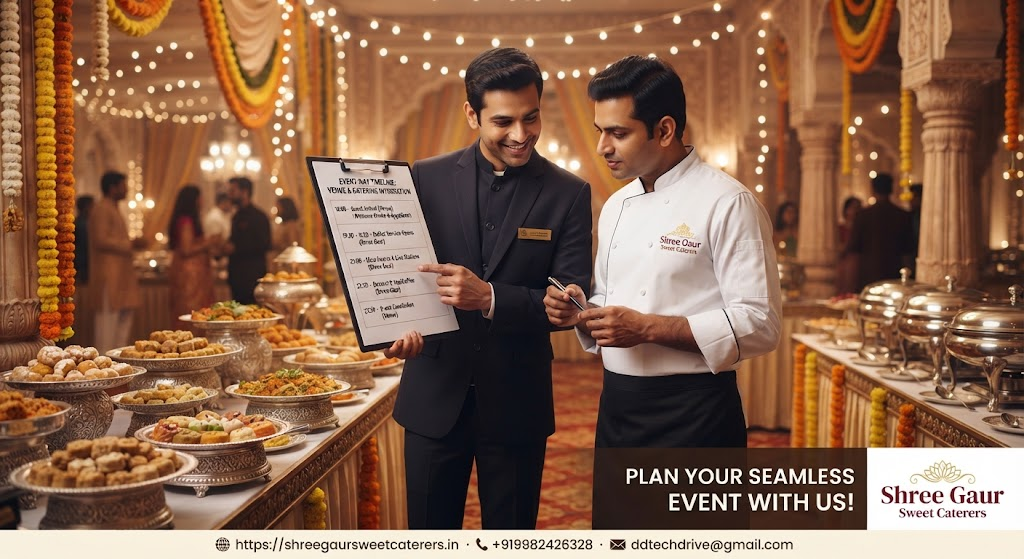 Shree Gaur Sweet Caterers buffet counter serving both regular and Jain satvik guests at a wedding