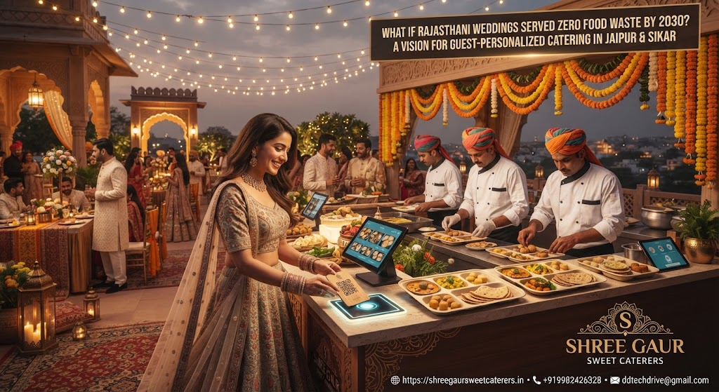 Guests personalizing their wedding thali at a Shree Gaur Sweet Caterers buffet counter in Jaipur