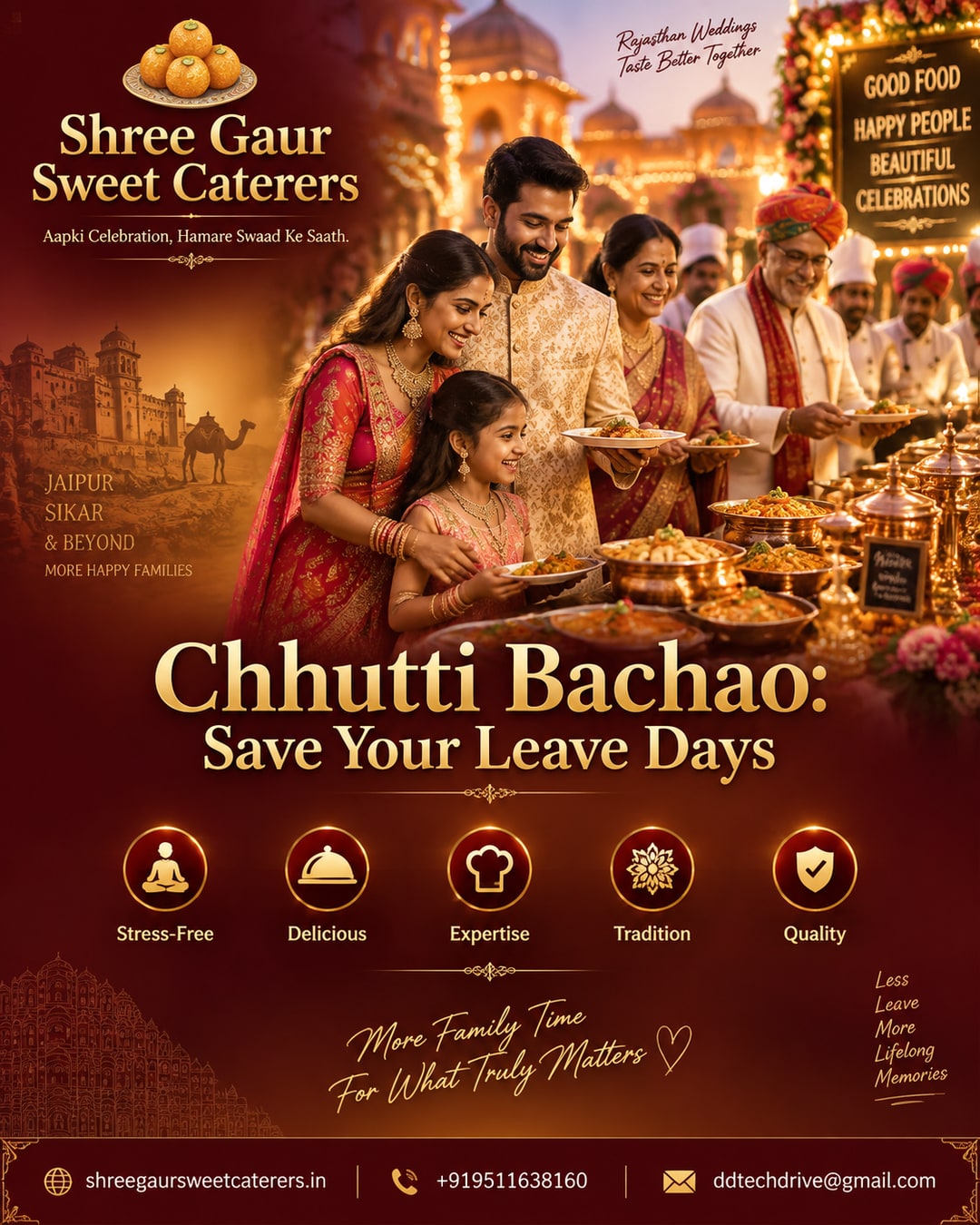 Tablet showing a family leave-day planner for Jaipur Sikar wedding catering with a premium buffet in the background