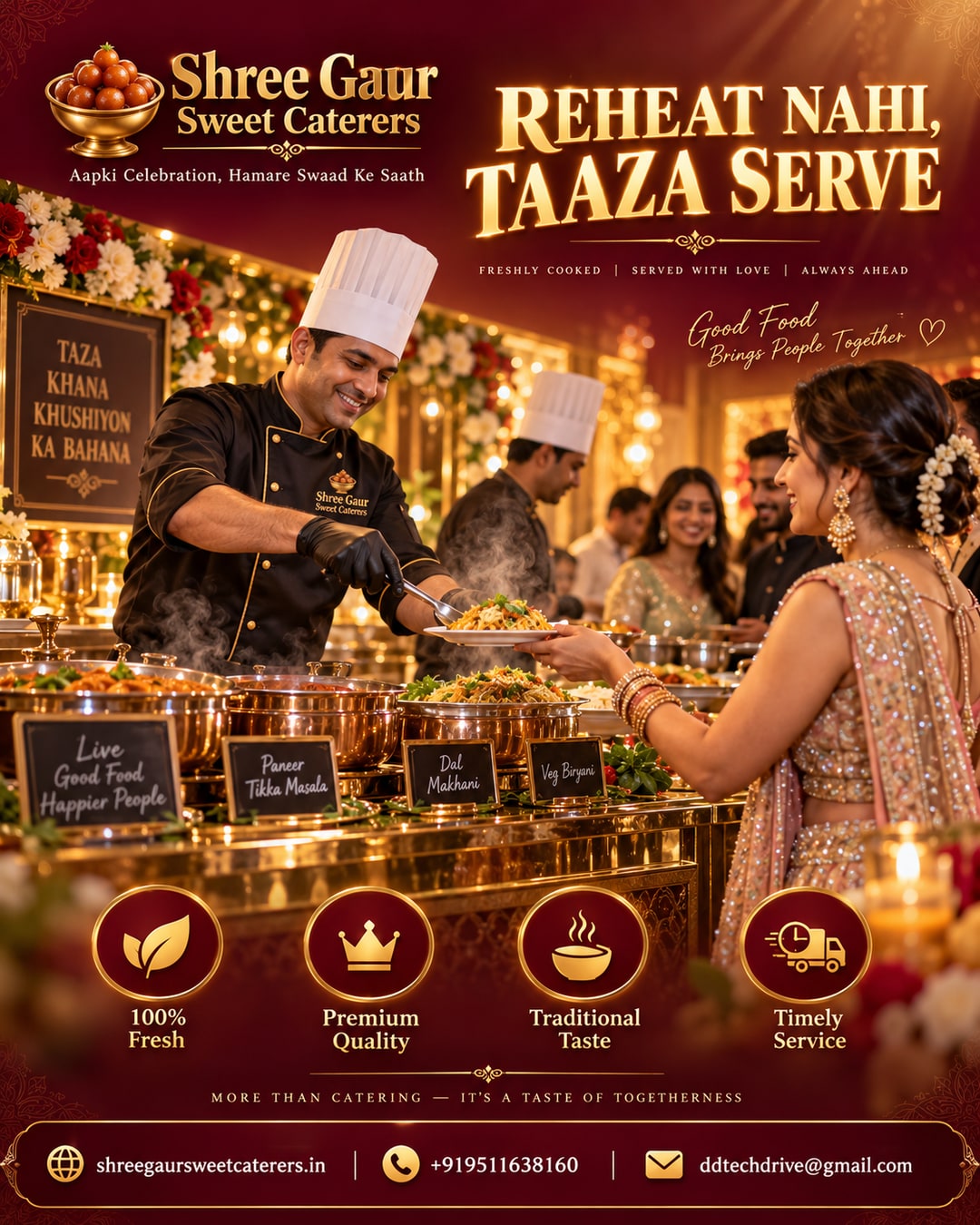 Comparison of old reheated wedding food versus Shree Gaur Sweet Caterers fresh staggered buffet serving in Jaipur and Sikar