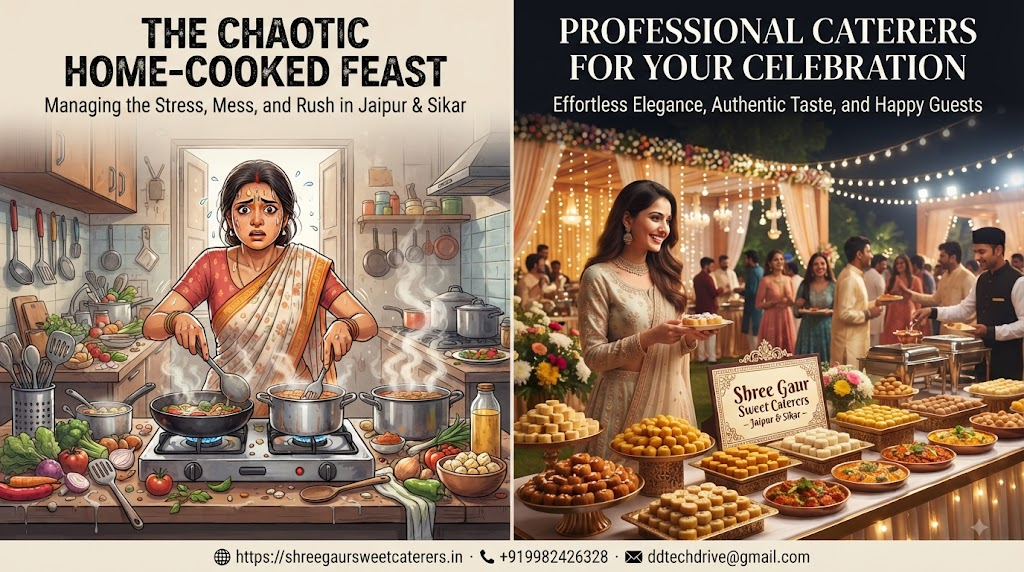 Comparison banner showing home kitchen chaos versus professional wedding catering setup by Shree Gaur Sweet Caterers in Jaipur and Sikar