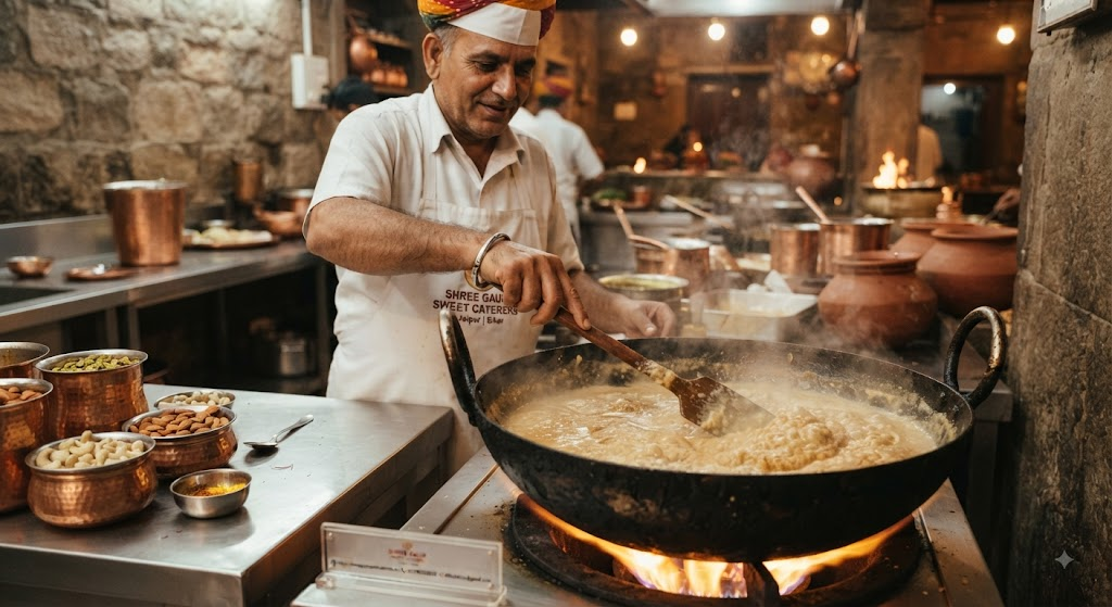 Master halwai stirring milk in a large iron karahi at Shree Gaur Sweet Caterers kitchen for Jaipur and Sikar weddings