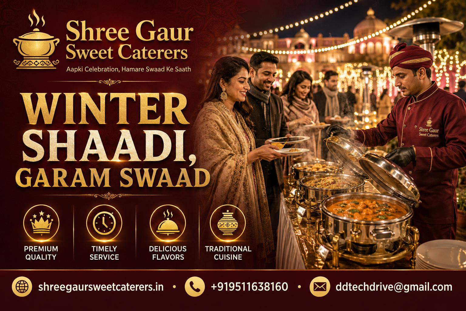Catering staff serving hot food at a winter wedding lawn function in Jaipur
