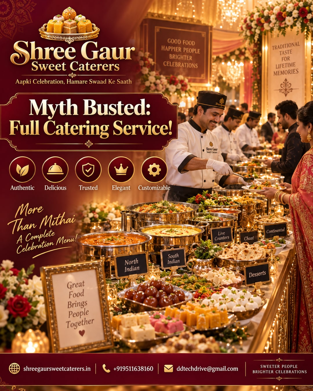 Shree Gaur Sweet Caterers banner showing mithai and full wedding buffet side by side debunking sweet caterer myth