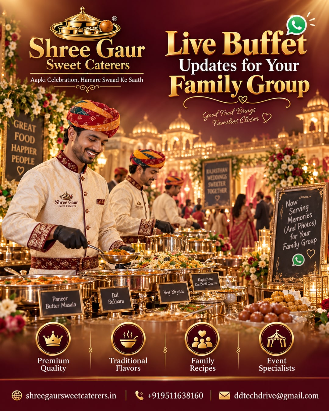 Premium wedding buffet setup with family celebrating at a Jaipur Sikar wedding catered by Shree Gaur Sweet Caterers