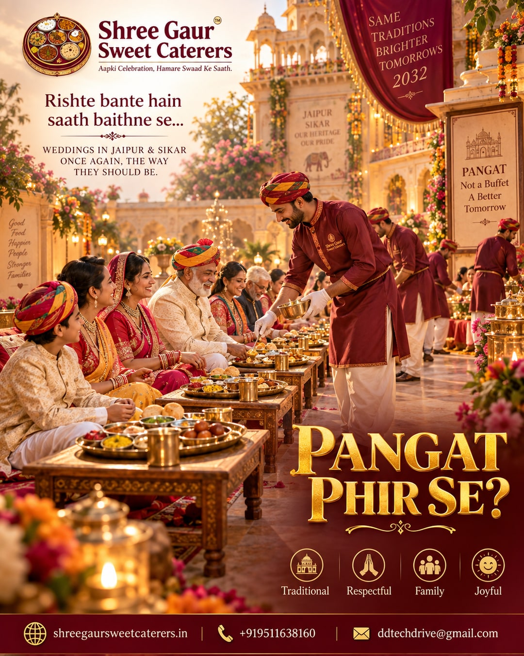 Vision of a modern seated pangat wedding feast in Rajasthan by Shree Gaur Sweet Caterers