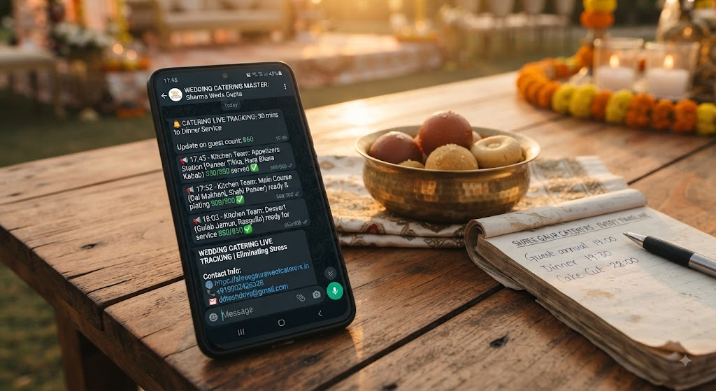 Smartphone displaying wedding planning group chat next to traditional sweets and planning notes for Jaipur and Sikar events