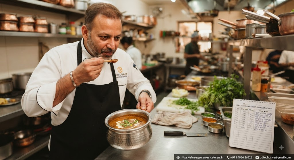 Professional chef tasting traditional catering food in Jaipur kitchen
