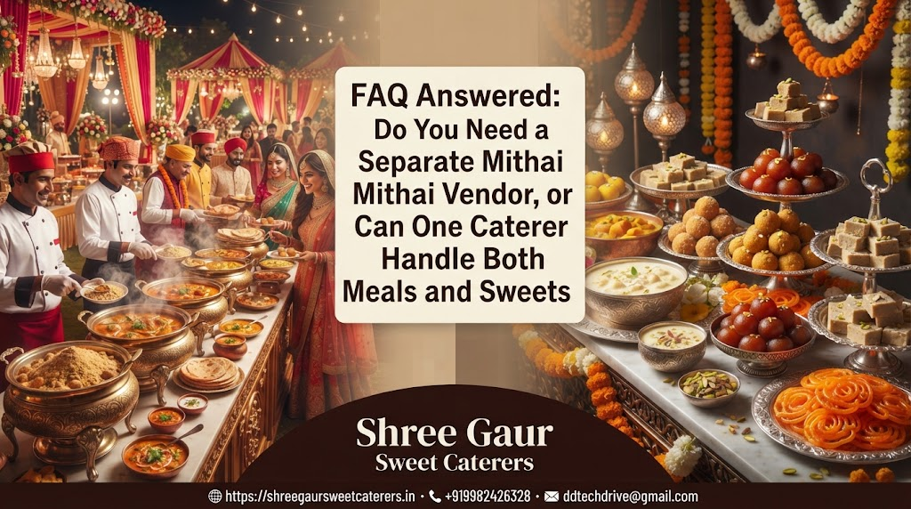 Wedding buffet counter and traditional mithai counter side by side at a Rajasthani wedding by Shree Gaur Sweet Caterers