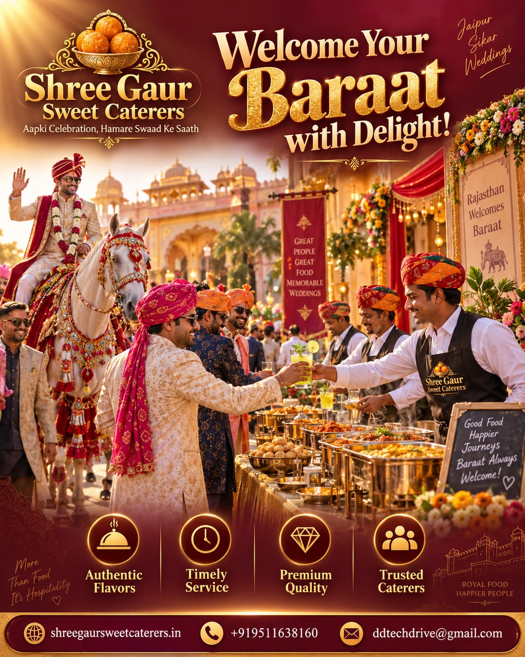 Catering staff welcoming baraat guests with refreshments and hot food at a Jaipur wedding entrance