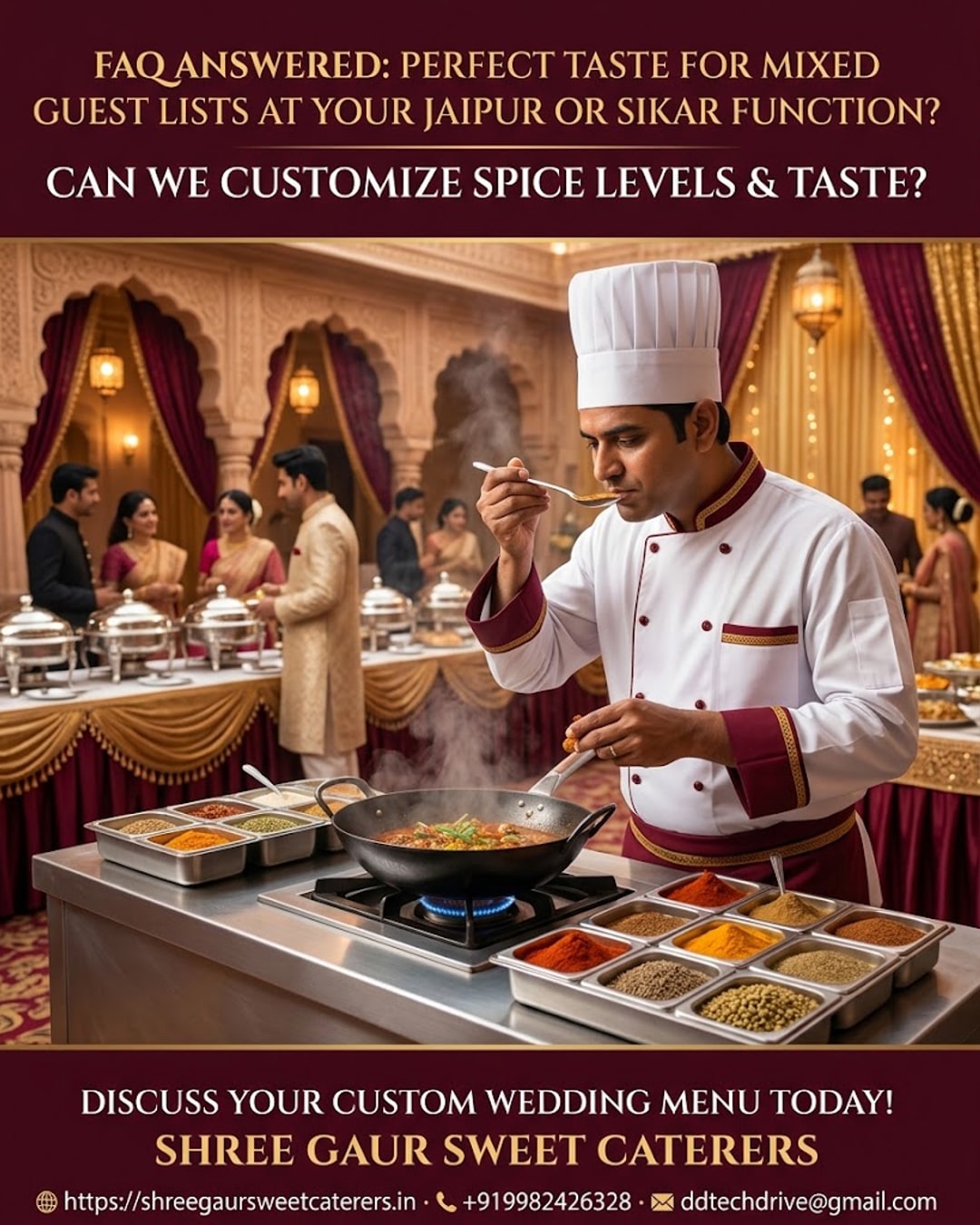 Chef adjusting spice balance at Shree Gaur Sweet Caterers buffet counter for a Jaipur wedding