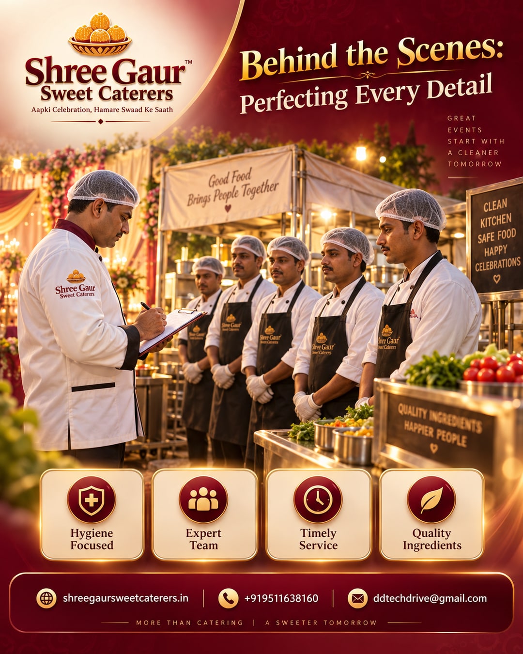 Shree Gaur Sweet Caterers staff briefing and hygiene check before a Jaipur wedding event