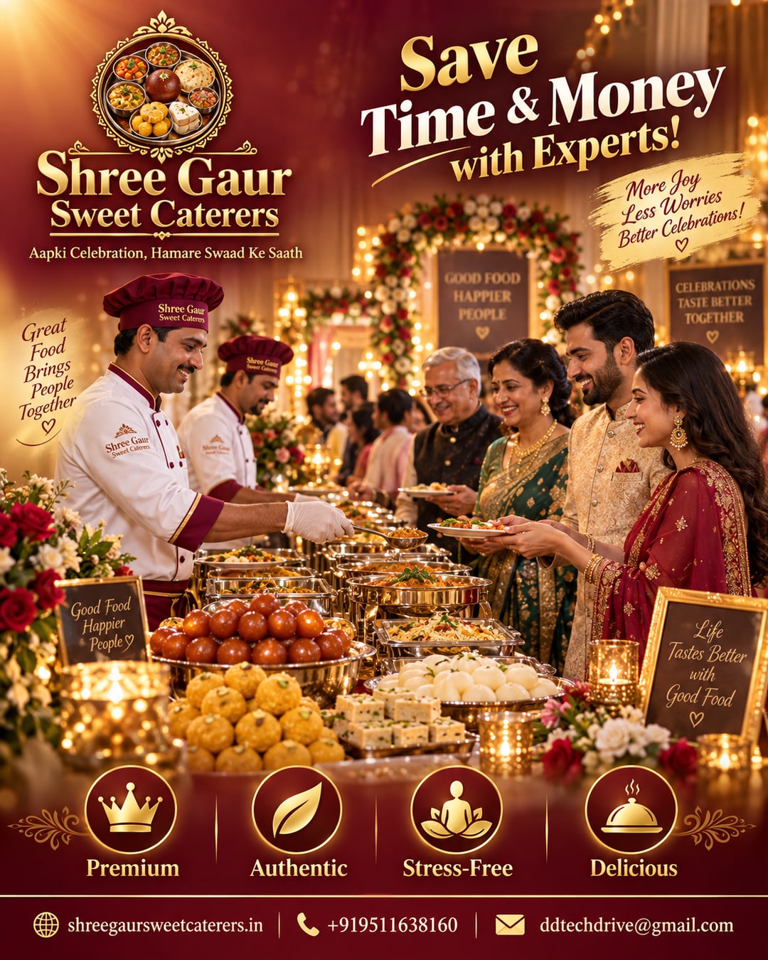 Comparison banner showing stressed DIY wedding planning versus relaxed Shree Gaur Sweet Caterers buffet setup