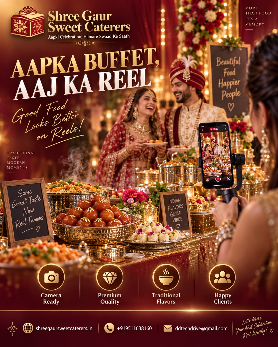 Content creator filming a reel of a beautifully styled wedding buffet counter at a Jaipur wedding by Shree Gaur Sweet Caterers