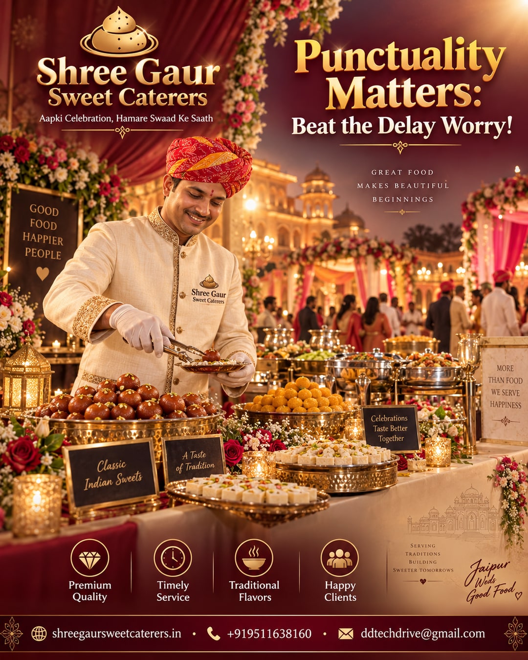 WhatsApp enquiry chat showing on-time wedding catering confirmation from Shree Gaur Sweet Caterers