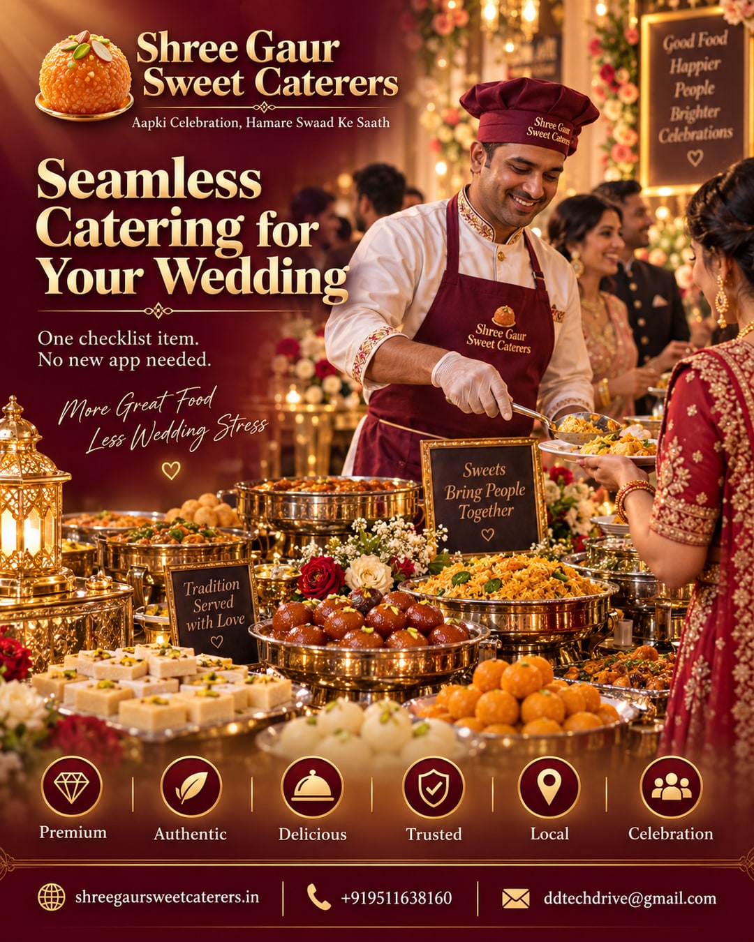 Wedding planner task board on laptop screen showing Shree Gaur Sweet Caterers catering checklist card among other wedding vendor tasks