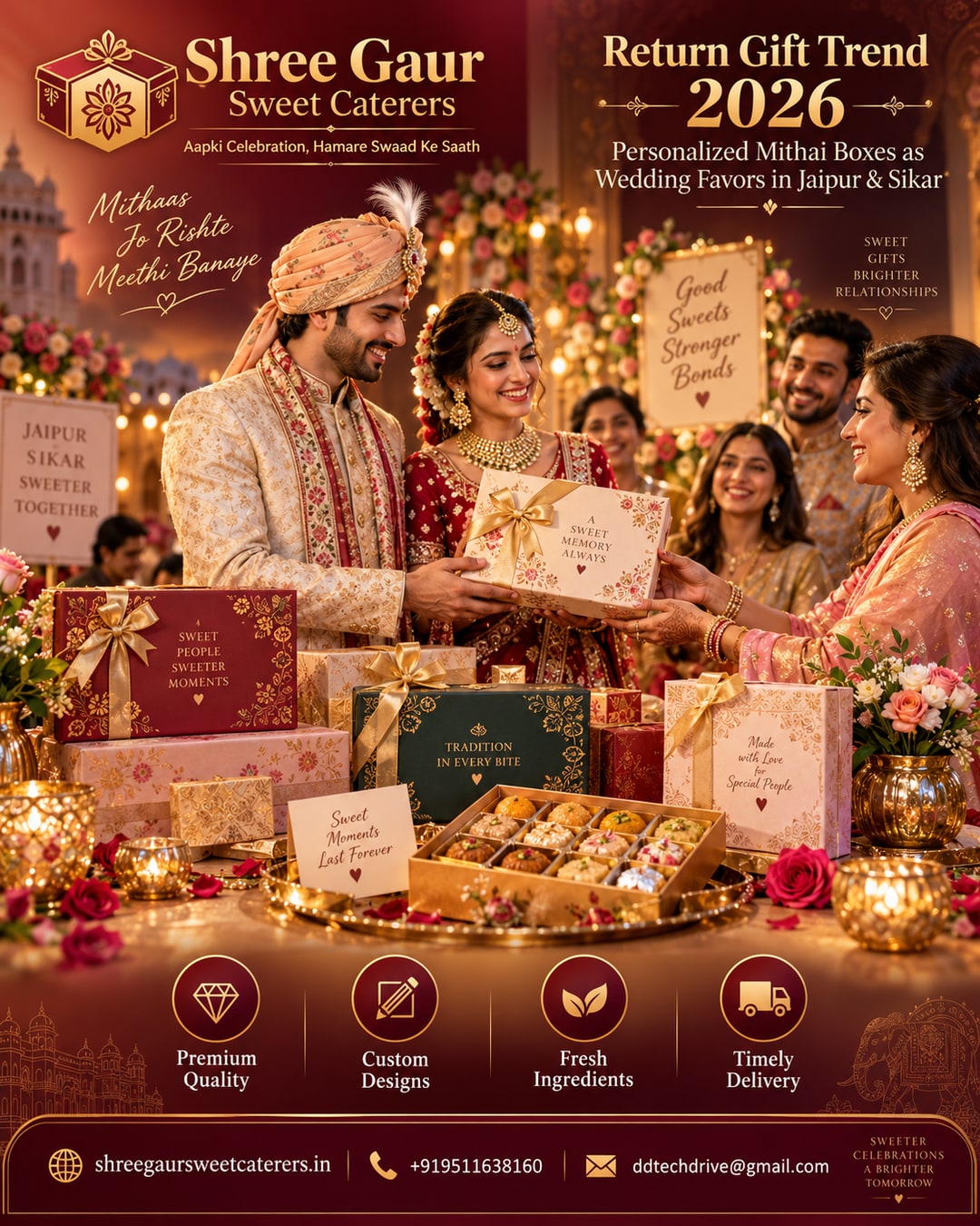 Shree Gaur Sweet Caterers website mockup showing mithai return gift box booking page