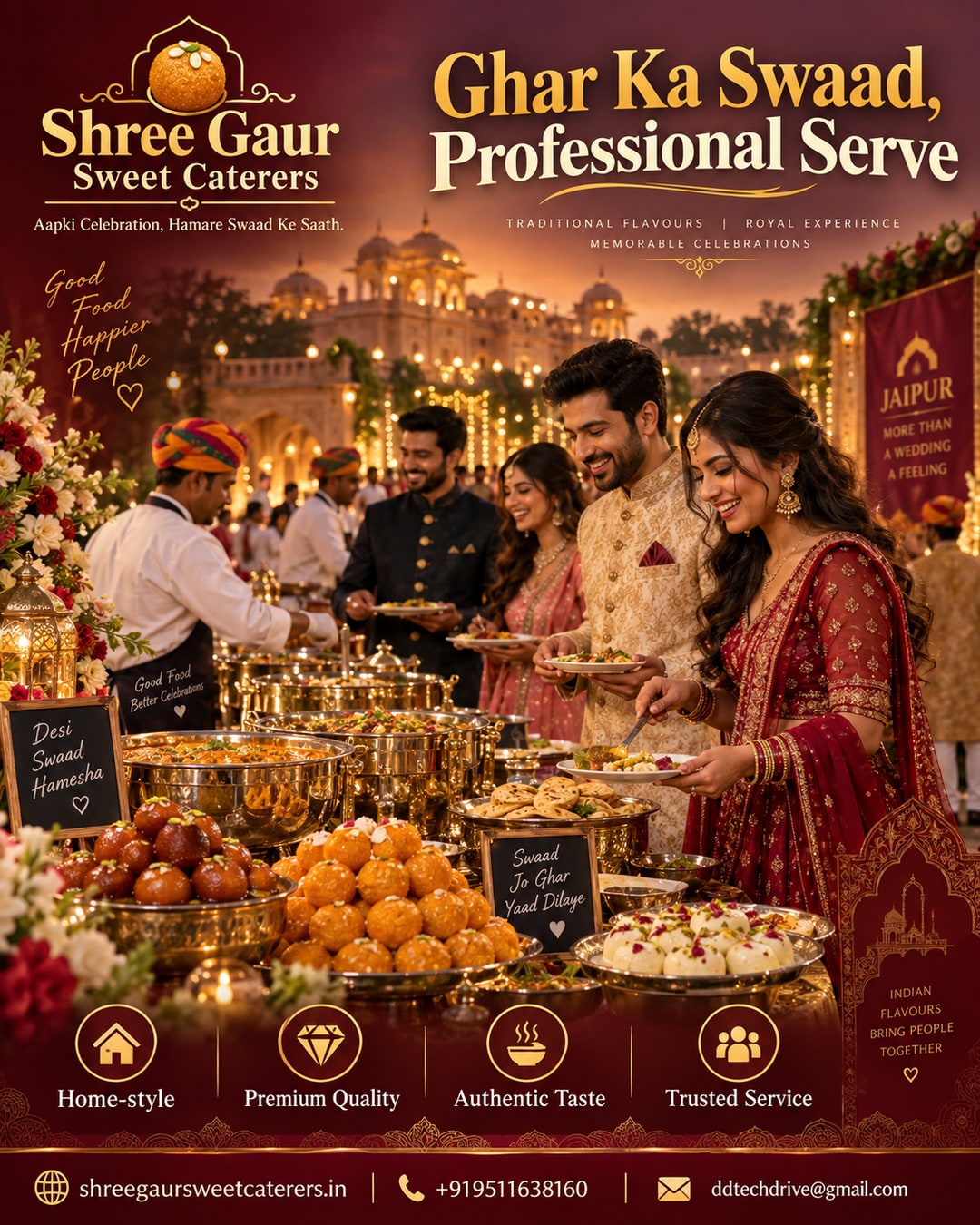 Home-style Indian cooking transitioning into a professional wedding catering buffet setup