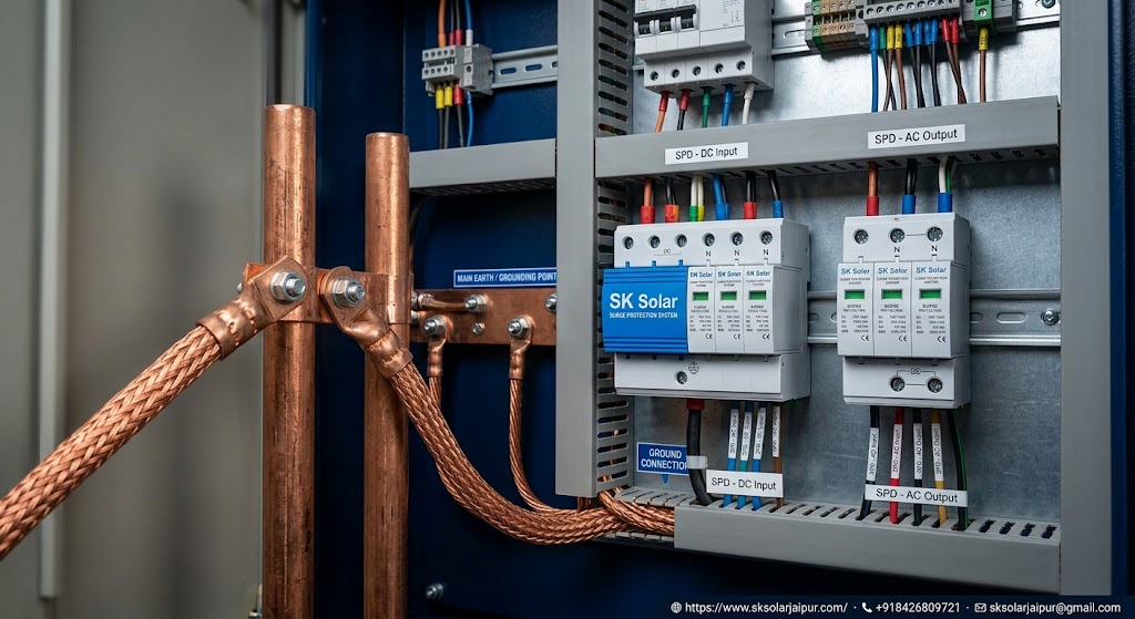 the role of copper-bonded earthing rods and surge protection devices (SPDs) in safeguarding solar arrays against rajasthan lightning strikes