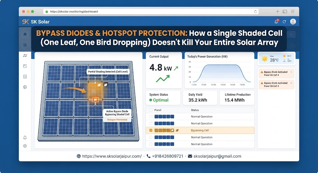 SK Solar monitoring dashboard showing bypass diode protecting shaded solar cell without affecting system output